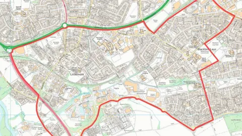 Thames Valley Police A map marking the specific areas where Section 35 will be enacted in Littlemore and the Blackbird Leys in red.