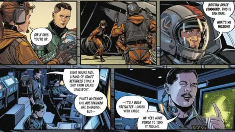 Marc Laming/B7 Comics A colourful image from Dan Dare: First Contact. Much of the action is taking place on a spaceship.