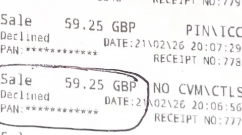 handout A receipt record saying "Sale £59.25 declined" twice with times around 8pm on 21 February