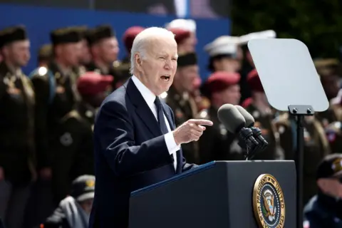 US President Joe Biden speaks at the D-Day commemoration ceremony in northern France. Photo: 6 June 2024
