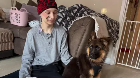 Family The boy from the above pictures in a grey Henley shirt, dark tracksuit trousers and a red and black beanie hat, sitting on the floor with a black and ginger German Shepherd dog.