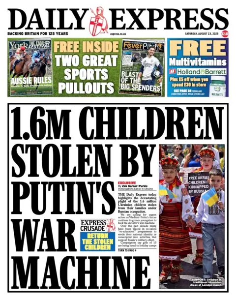 The headline on the front page of the Express reads: “1.6m children stolen by Putin's war machine”.