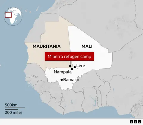 A map showing Mali and Mauritania and the locations of Lere, Bamako, Nampala and the M'berra refugee camp.