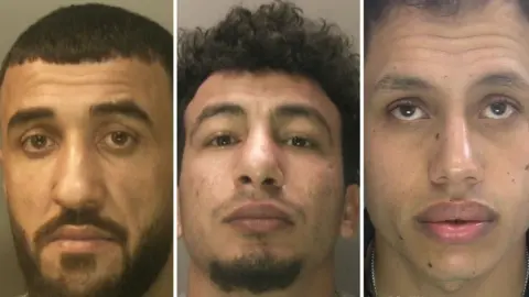 Three pictures of men's faces up close. They all have brown eyes. 