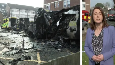 A composite image of Lucy Manning and burnt ambulances