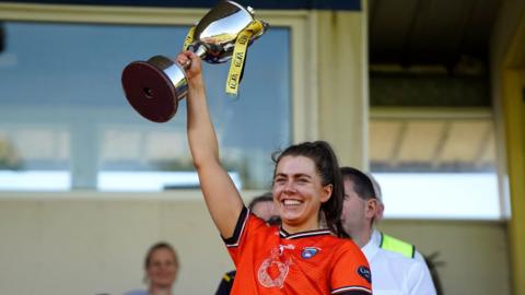 Armagh skipper Clodagh McCambridge holds aloft the Ulster Ladies Football Championship trophy