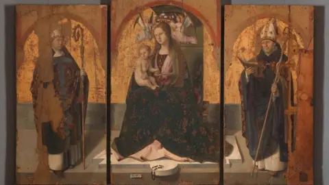 Three surviving panels of Antonello da Messina's San Gregorio Polyptych, showing the Virgin Mary and Christ, St Gregory and St Benedict