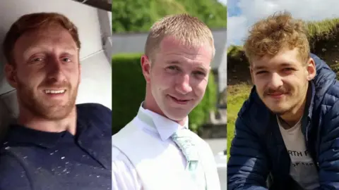 Family Photos Three portrait photographs of Carl McGrath, Ross Ballantine and Alan Minard shown side by side. The man on the left is pictured smiling, indoors, and wearing a dark top; the man in the centre is dressed in a white shirt and light-coloured tie and stands outside; the man on the right sits outside in a blue puffer jacket, smiling, with greenery behind him.