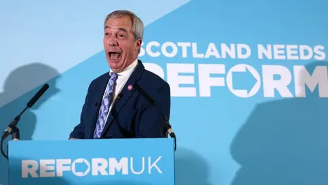 Getty Images Nigel Farage, who has short grey hair and is wearing a blue jacket, white shirt and purple patterned tie, laughs as he stands at a Reform UK podium 