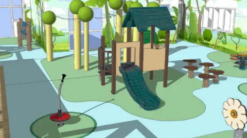 A concept image for the new play area shows a brightly decorated slide and climbing equipment.