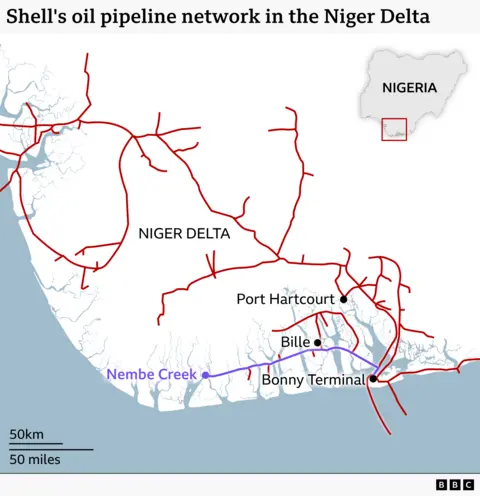 A graphic showing Shell's oil pipeline network in the Niger Delta - illustrated with a red line. The Nembe Creek Trunk Line, the subject of this article, is shown in purple