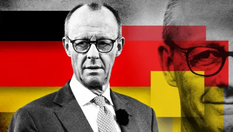 Gambar mock-up BBC yang menunjukkan Friedrich Merz dengan latar belakang bendera Jerman