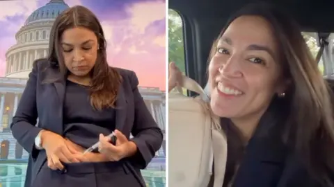 A split screen image shows a woman wearing a blue suit injecting herself in her abdomen and the same woman smiling on the right. 