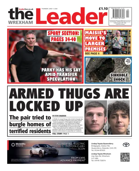 The Wrexham Leader Front page of The Wrexham Leader. The main headline reads: Armed thugs are locked up. Next to it is a photo of two men with dark hair