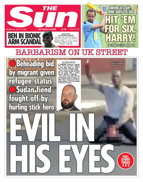 The headline on the front page of the Sun reads: "Evil in his eyes."