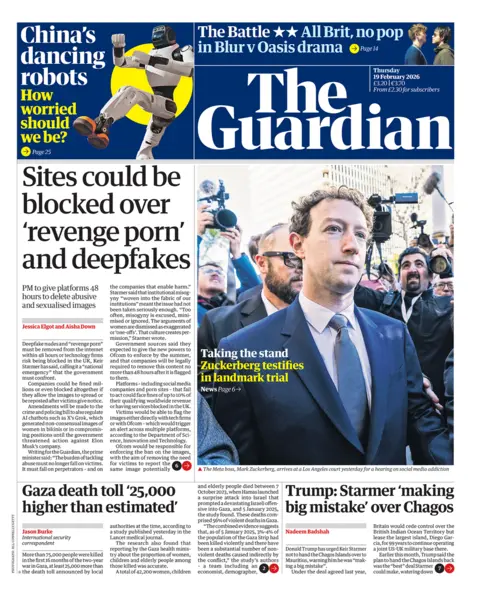 The front page of the Guardian reads: "Sites could be blocked over 'revenge porn' and deepfakes."