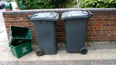 General view of a row of wheelie bins
