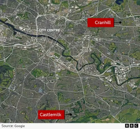 Satellite-style map of Glasgow showing the city centre and surrounding road network. Two locations are highlighted with red labels and markers: “Cranhill” to the northeast of the city centre and “Castlemilk” to the south.