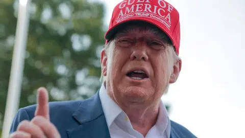 Getty Images US President Donald Trump pointing while wearing a "Gulf of America" cap