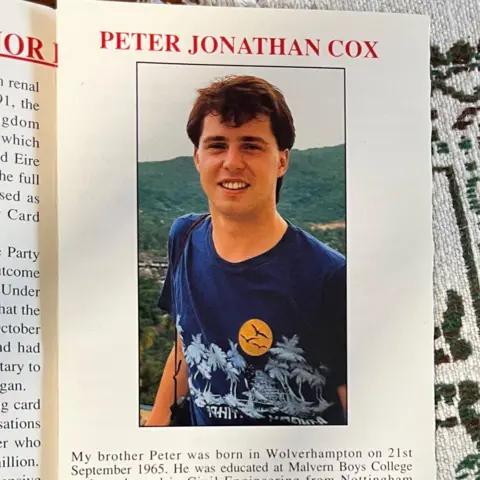 A photo of a leaflet, showing an image of a young man with the name 'Peter Jonathan Cox' in red letters above it.