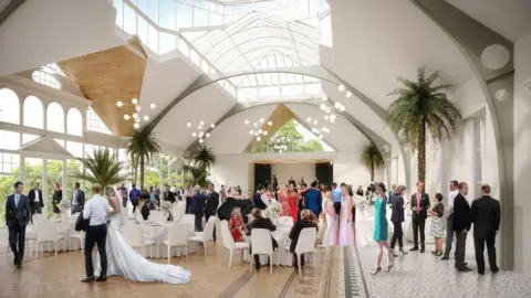 Derbyshire County Council A CGI image of what one of the main halls could look like inside County Hall in Matlock. It shows a white and wood panelled room with wedding guests.