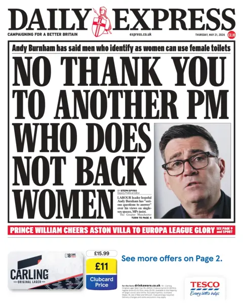 "No thank you to another PM who does not back women," reads the headline on the front page of the Daily Express.