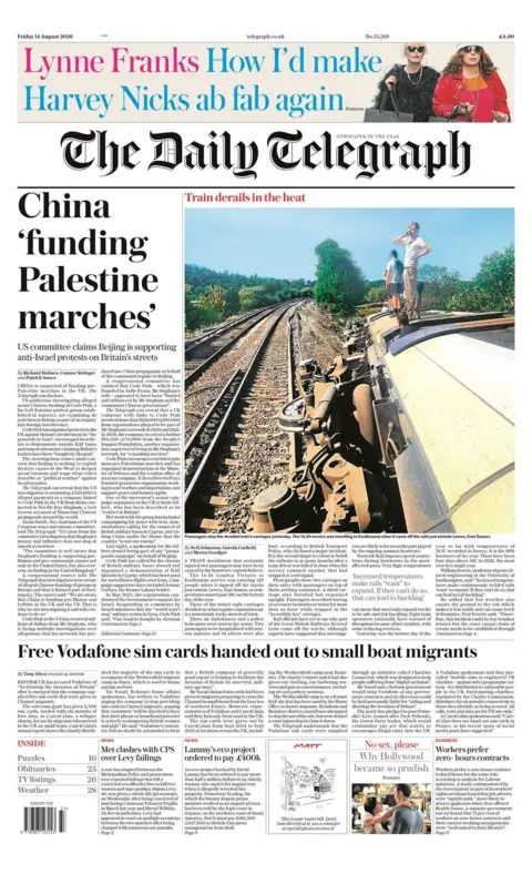 The headline on the front page of the Daily Telegraph reads: "China 'funding Palestine marches'." 