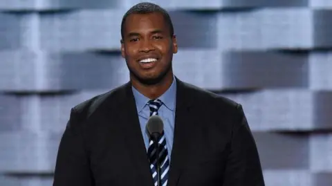 Jason Collins speaks during Day 1 of the Democratic National Convention at the Wells Fargo Center in Philadelphia, Pennsylvania, July 25, 2016. 