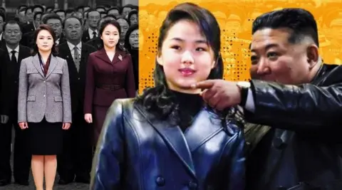 A stylised composite image shows a photograph of Kim Ju Ae, with her long hair tied back, standing next to a pointing Kim Jong Un, wearing matching black leather belted jackets. The background shows a photograph of Ri Sol Ju, in a buttoned-up grey jacket and black skirt, next to Kim Ju Ae, in a burgundy suit, in front of several rows of besuited dignitaries, with their images turned black and white, all standing to attention.