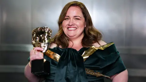 Jessica Gunning, winner of the Supporting Actress Award for 'Baby Reindeer', poses backstage during the 2025 BAFTA Television Awards with P&O Cruises at The Royal Festival Hall on May 11, 2025 in London, England