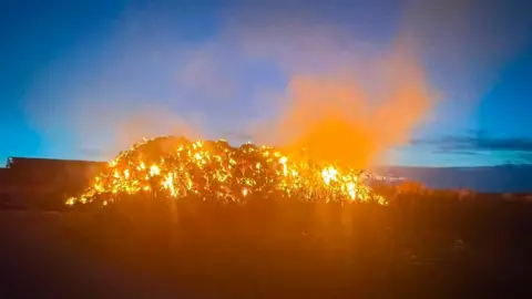 Nottinghamshire Fire and Rescue Service Haybales on fire in Nottinghamshire