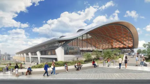 HS2 A visualisation of a proposed design for Curzon Street station in Birmingham. It shows a building with a curved roof, a pedestrian area and people walking around.
