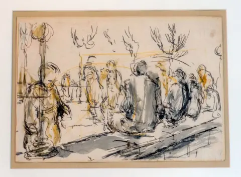 Peter Byrne/PA Wire A sketch of figures sat on a wall in black and yellow on beige paper