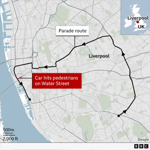 A map showing the route of the Liverpool trophy parade and where pedestrians were hit on Water Street