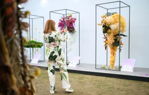 Getty Images A visitor looks at some of the entries to the floristry category on Press Day at the Chelsea Flower Show on May 18, 2026 in London, England. 