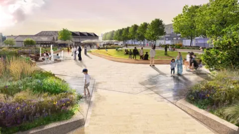 Kirklees Council An artist's impression of a new park in Dewsbury, there is a large paved area with flower beds at each side and a grassed area, with people milling about and some fountains on the left.