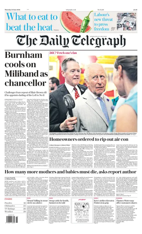 "Burnham cools on Miliband as chancellor," reads the headline on the front page of the Daily Telegraph.