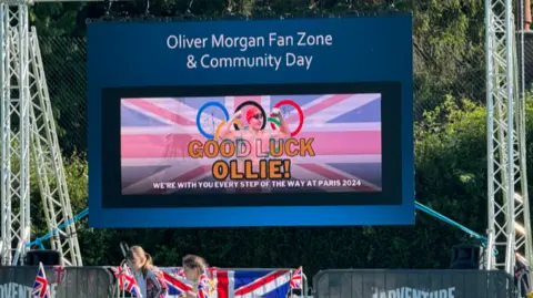 BBC Big screen wishing Bishops Castle Olympic swimmer Ollie Morgan good luck at Paris 2024
