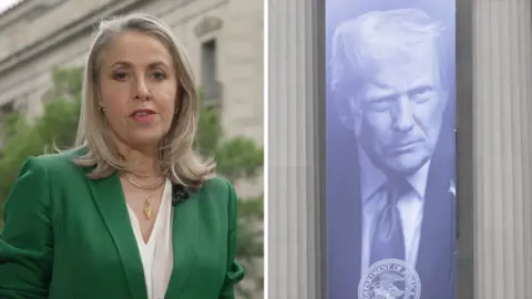 On the left, Sarah Smith in a green blazer. On the right, Donald Trump's face on a banner hanging ouside a building.
