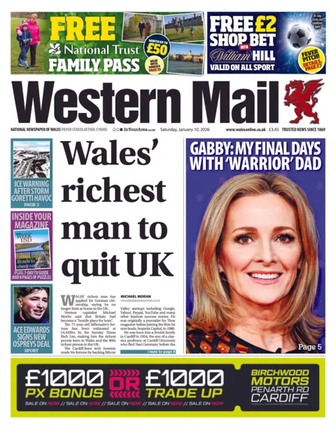 Western Mail Western Mail front page: Headline is: "Wales' richest man to quit UK"