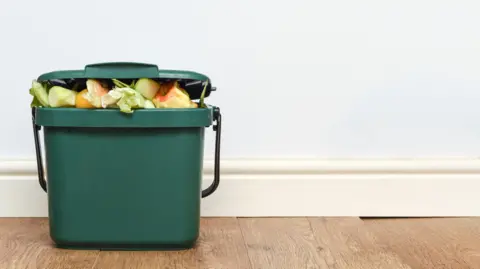 A food waste spilling over the top of a green kitchen bin