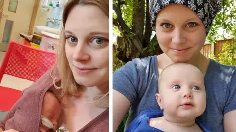 Lisa Bywater The picture is divided in two. On the left a woman holds a tiny baby who has an oxygen tube taped to her face. On the right, the same woman and same baby a little older now. The woman has a scarf tied around her head.