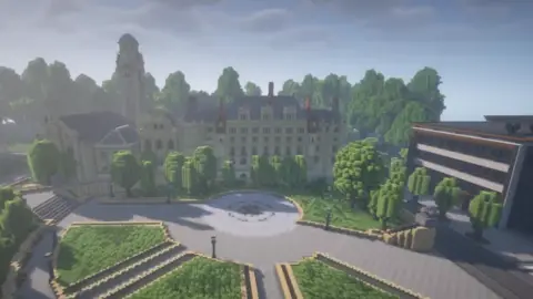 A virtual image of Sheffield town hall, built out of three-dimensional blocks. The virtual image shows a large building surrounded by greenery.