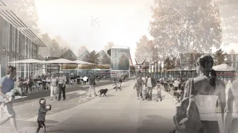 Artist's impression of the development showing a busy town centre street with people walking on it, including children and a dog. It is in a sepia style and looks like a photograph but transparent. There are buildings to the sides of the street and one ahead that says 'Elms Park Centre' on it.