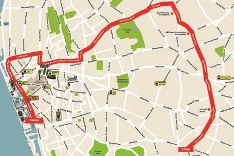 Image shows parade map, Liverpool and its areas are showed with a thick red line showing the route