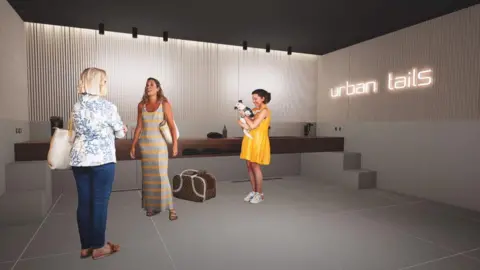 Renaker An artists' impression of the dog spa with the illuminated sign saying Urban Tails. Three women are situated in front of a reception- one is holding a small black and white dog and wearing a yellow dress and trainers. The others have big handbags. one in a stripey dress and the other in jeans and a floral shirt. 