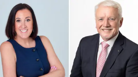 A composite image of Alex Ruddy, chair of IoD Jersey, (left) and Lee Madden, president of the Jersey Chamber of Commerce. Alex Ruddy has short brown hair and is smiling. She is wearing a blue dress and has her arms crossed. Lee Madden is wearing a suit and pink tie. 