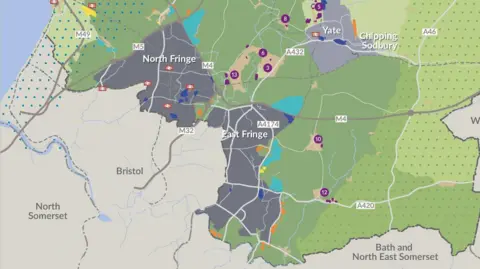 Crown Copyright A map of Bristol and surrounding areas, with dark grey patches north and east of Bristol.