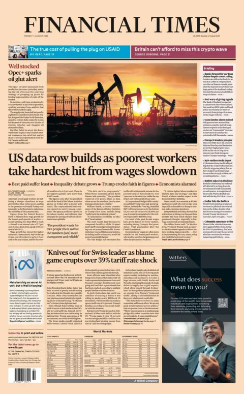 The Financial Times headline reads "US data row builds as poorest workers take hardest hit from wages slowdown". 