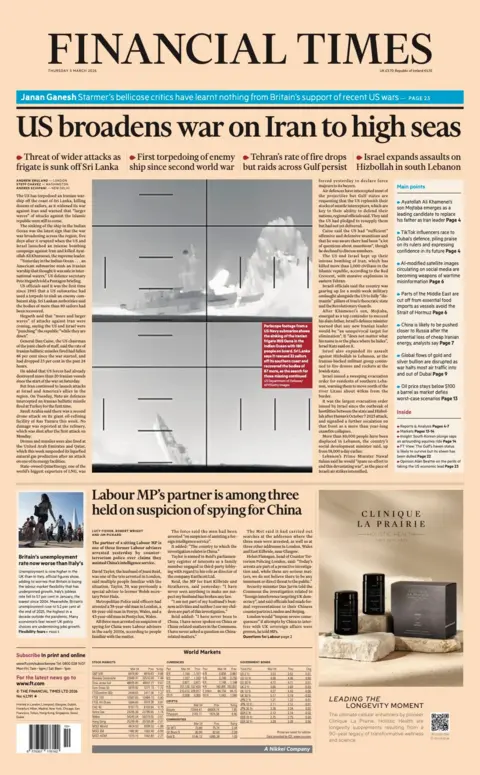 The headline on the front page of the Financial Times reads: “US broadens war on Iran to high seas”.